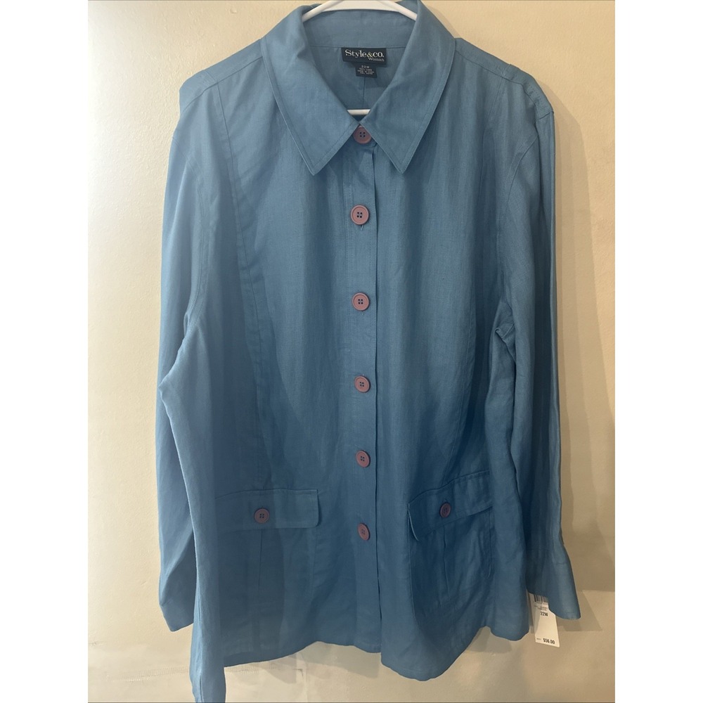 Style & Co Linen Blue Button Up Long Sleeve Women's Blouse SIZE 22W NWT